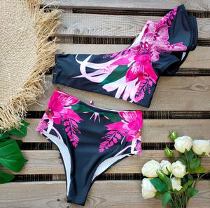 Preppy Leaf Print One Shoulder Bikini Top