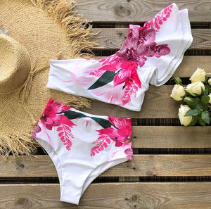 Preppy Leaf Print One Shoulder Bikini Top