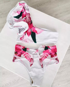 Preppy Leaf Print One Shoulder Bikini Top